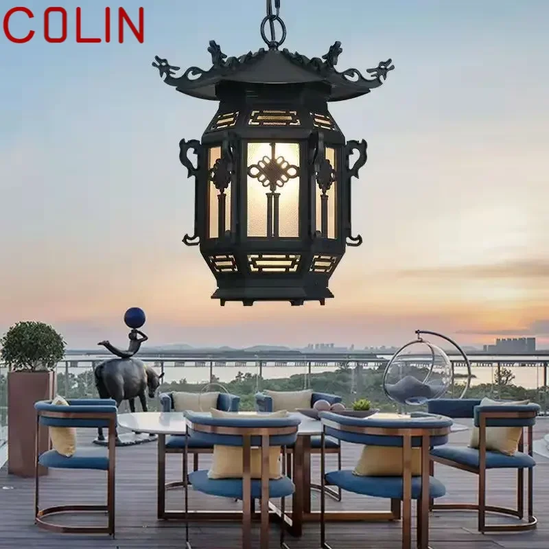 COLIN Chinese Lantern Pendant Lamps Outdoor Waterproof LED Black Retro Chandelier for Home Hotel Corridor Decor Electricity