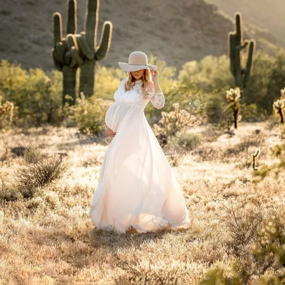 Nuovo vestito da trascinamento in Chiffon di pizzo di maternità donne incinte gravidanza primavera autunno Maxi abito fotografia Prop vedere attraverso l'abbigliamento