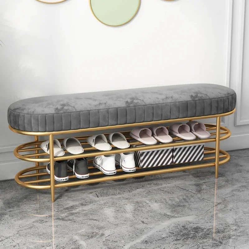 Nordic Light Luxury Shoe Changing Stool Thickened Soft Cushion Metal Frame Door Seat with Shoe Storage for Household Use