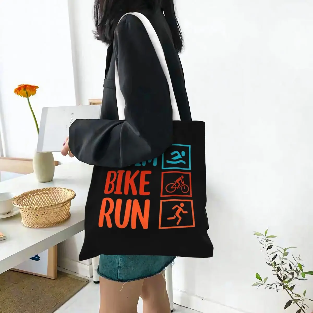 Triathlon Swimming Cycling Running Shopping Bags Canvas The Tote Bag Folding for Ladies Shoulder Tote Travel Handbag
