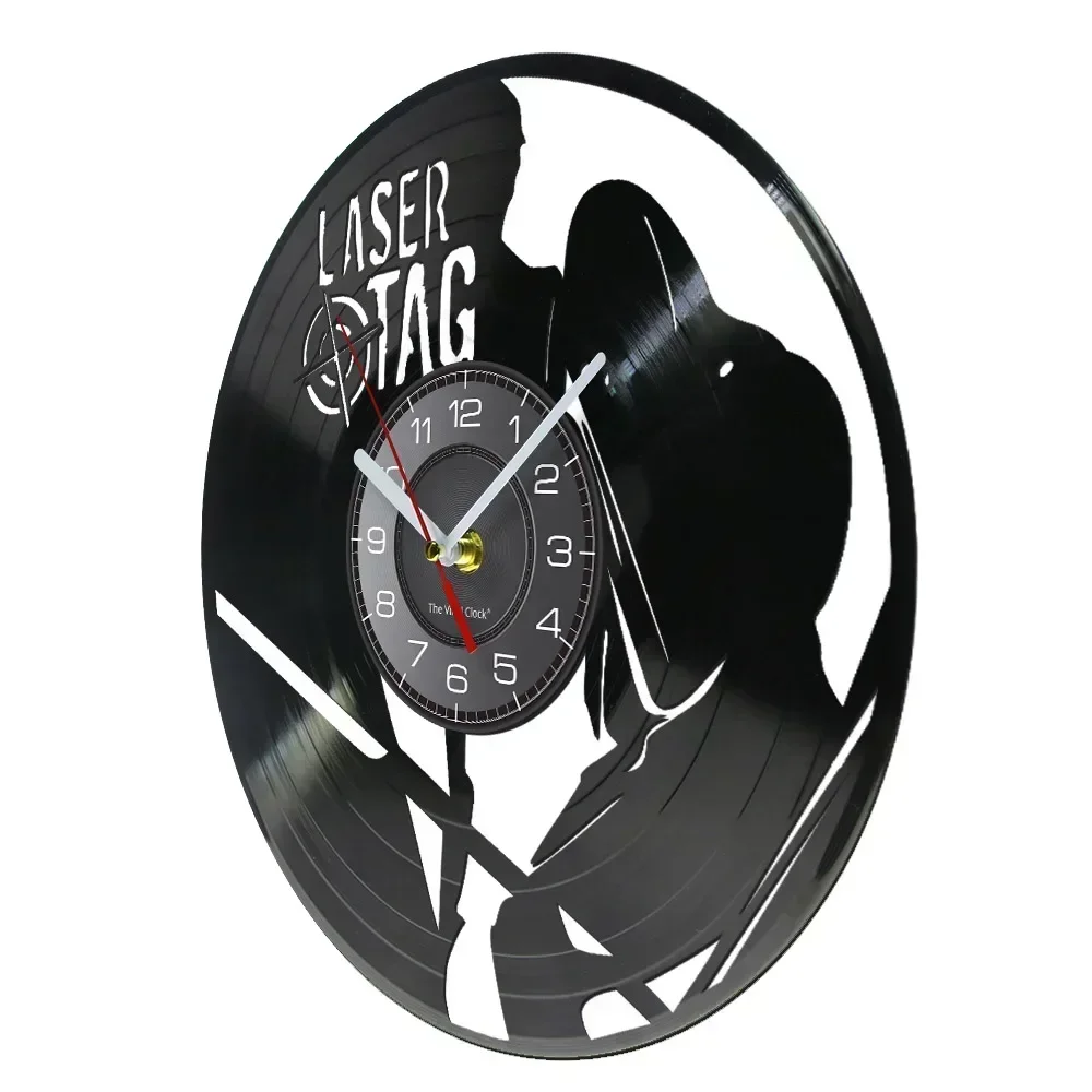 Laser Tag Shoot Game Cut Out Longplay Wall Clock for Bedroom Birthday Party Neon Glow Laser Vinyl Album Re-purposed Record Clock