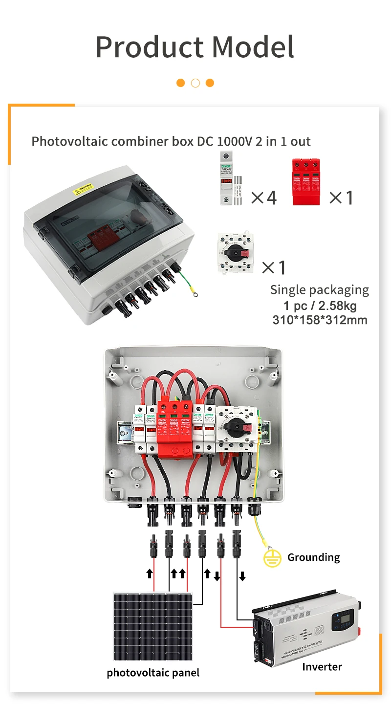 2 Eingänge 1 Out DC 1000 V Solar Photovoltaik PV Combiner Box mit Blitzschutz Sicherung MCB SPD wasserdichte Box IP65 – Detail 6