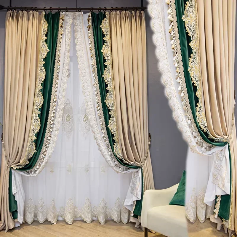 French elegant palace style beige spliced velvet curtains with full shading soft thickened skin friendly high-end villa curtains