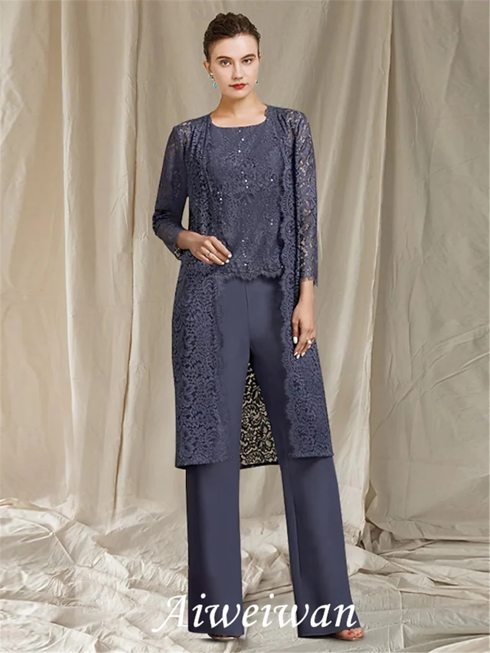 

Pantsuit / Jumpsuit 3 Piece Suit Mother of the Bride Dress Elegant Jewel Neck Floor Length Chiffon Lace Sleeveless with Sequin