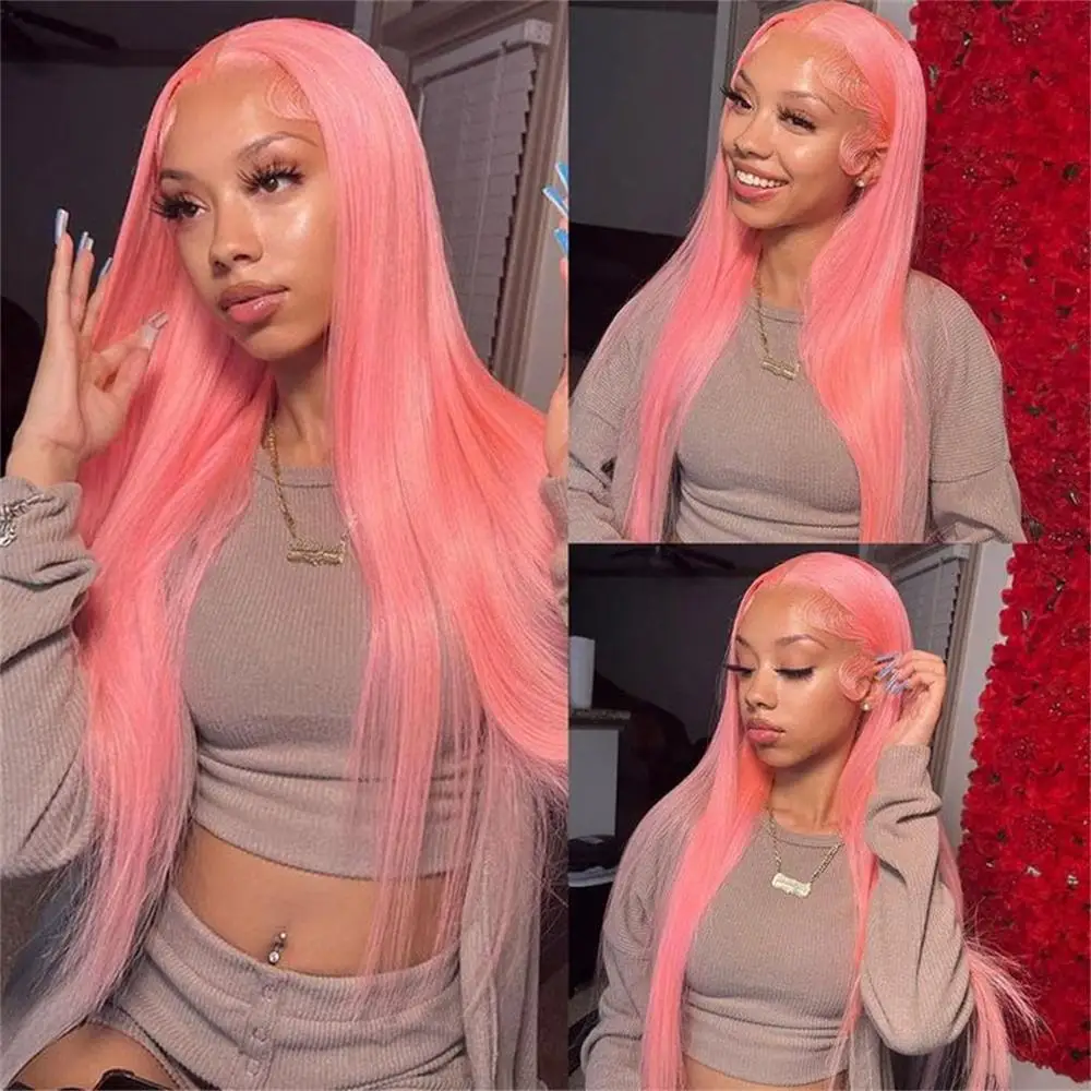 FANXITION Light Pink Lace Front Wigs for Women Long Silky Straight Synthetic Hair Wig Pink Lace Frontal Wig Heat Fiber Cosplay