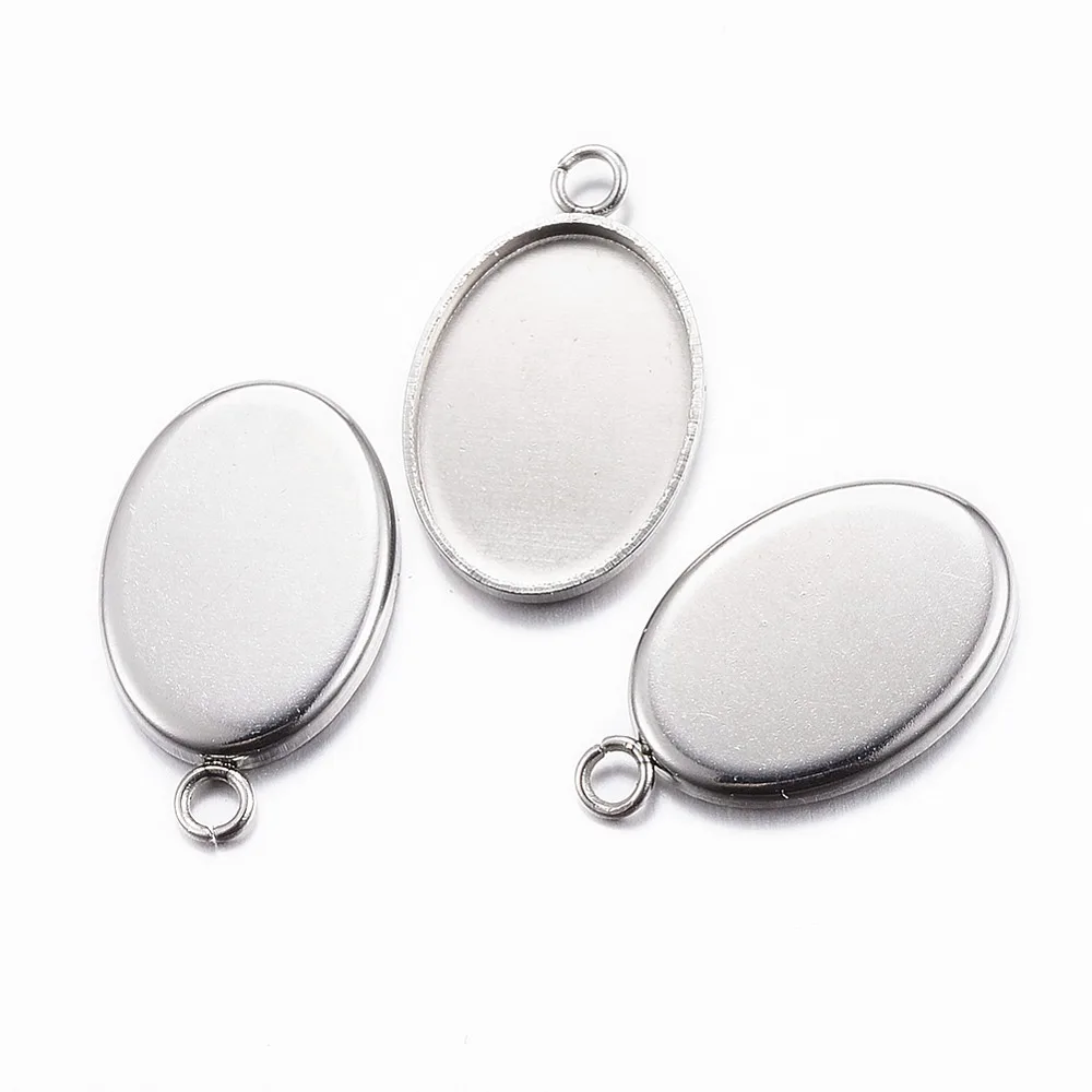 10pcs Non-Tarnish 304 Stainless Steel  Cabochon Settings Oval Tray: 13x18mm 22x14x1mm Hole: 2mm