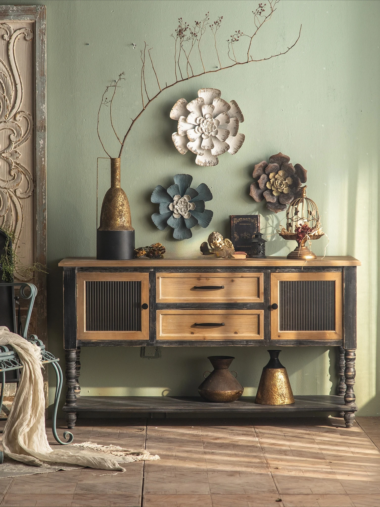 Solid Wood Roman Column Art Side Cabinet Living Room Decorative Wall Side Table