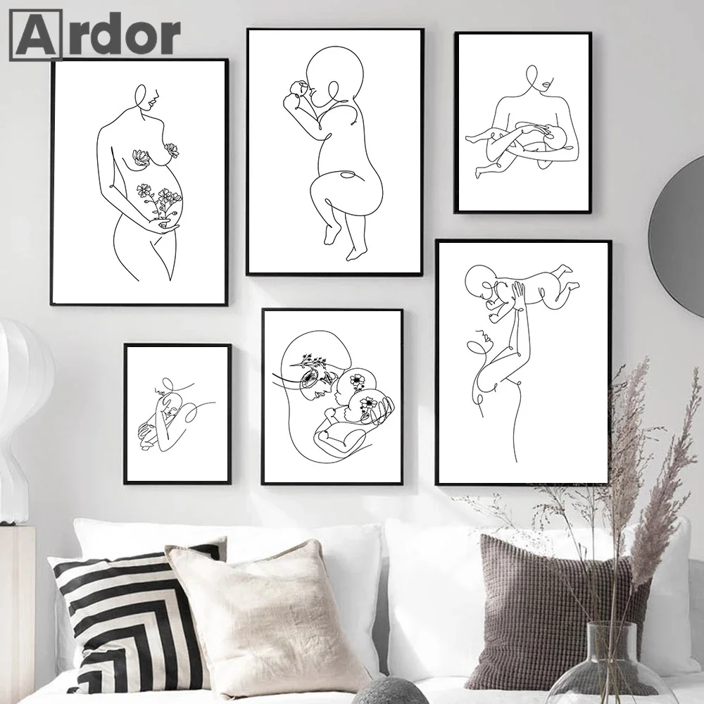 Abstract Mother and Child Wall Art Painting Baby Body Line Drawing Art Print Pregnant Women Poster Minimalist Picture Home Decor