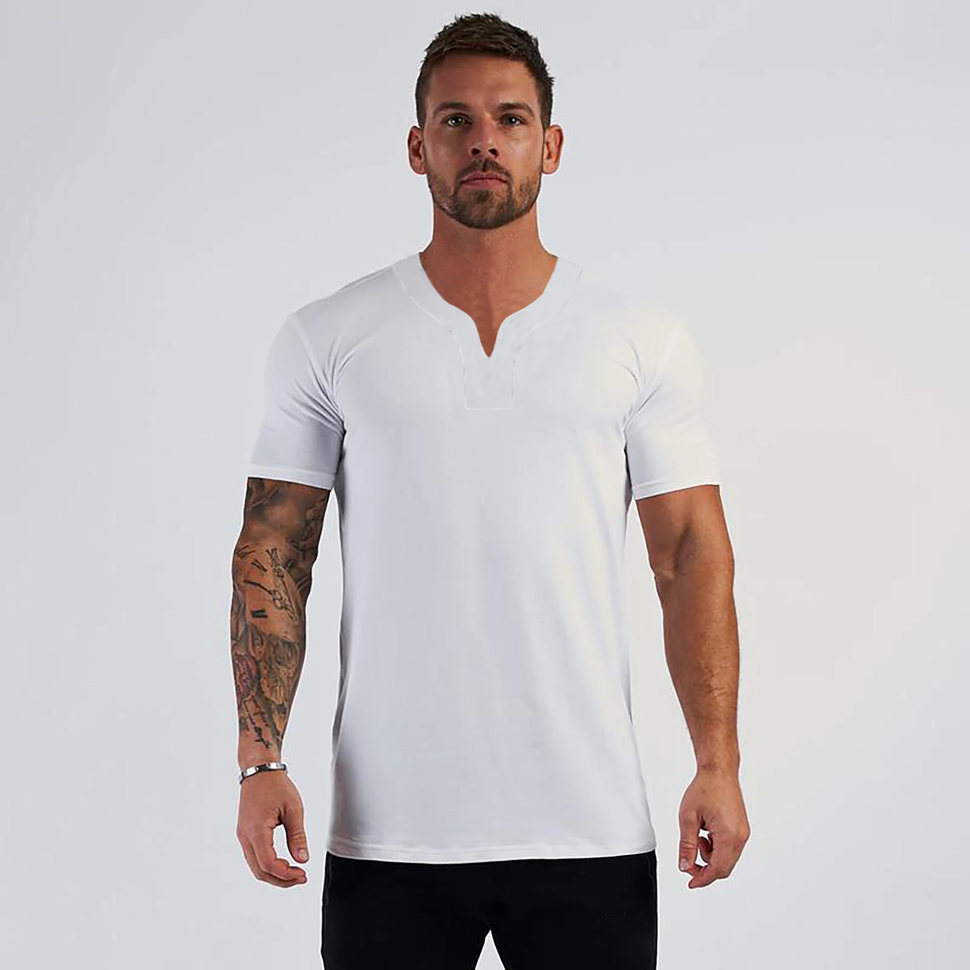 Summer New Arrivals Small V Neck Short Sleeve T Shirt Men Slim Fit Fashion T-shirt Sports Casual Gym Clothing Fitness Tshirt