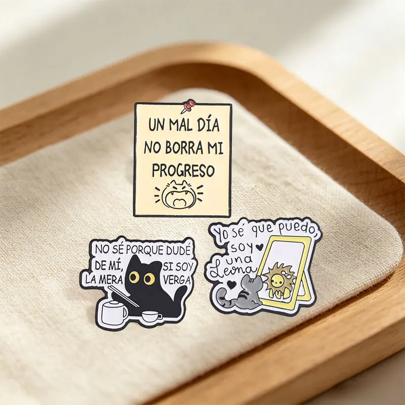 Creative Spanish Inspirational Slogan Pins Brooch Cartoon Black Cat Drink Tea Mirror Enamel Lapel Pin Accessory Collar Bag Hat