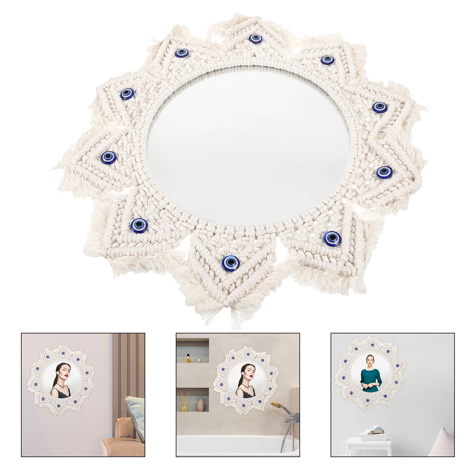 

Woven Wall Hanging Mirror Evil Eye Tapestry Boho Rustic Nordic Style Decorative Mirror for Bedroom Living Room Decor