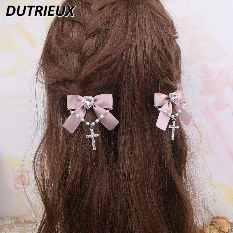 Handmade Mine Series Mass-Produced Bead Cross Rhinestone Hair Accessories Sweet Bow A Pair of Hairclips Side Clip Barrettes