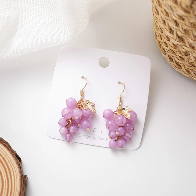 Sweet Summer Little Fresh Sweet Beaded Ear Hook Temperament Purple Grape Fruit Earrings Versatile Personality Ear Rings Women