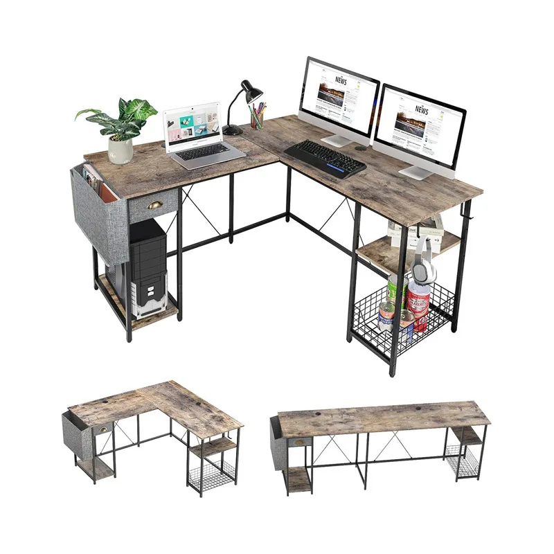

Household double computer desk large capacity corner storage rack office iron wood desk with drawers