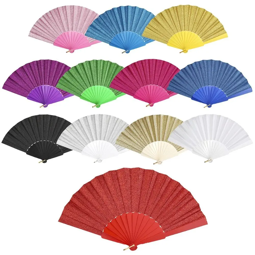 Éventail pliant portable en plastique doré avec pampilles colorées, style chinois, pour fête