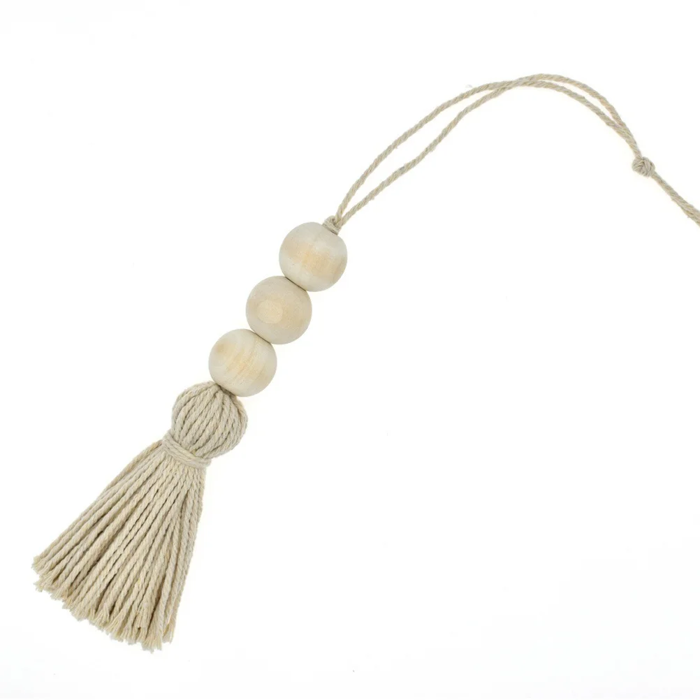

4Pcs Wooden Beads Pendant Tassel Ornaments Natural Cotton Line Decor Accessories for Door Handle Closet Bag Curtain Car Keychain