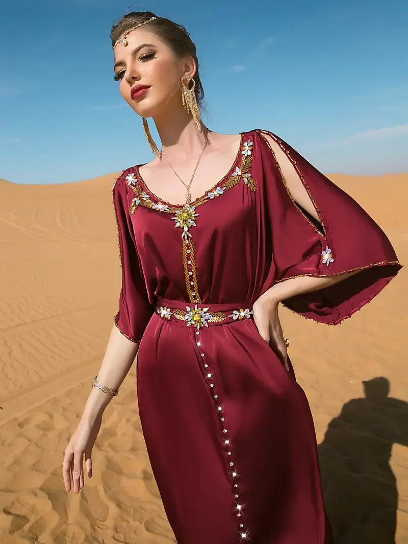 Odoodem Damen Freizeit kleid Strass Rundhals ausschnitt Abayas elegantes, geteiltes, aus geschnittenes, maxi langes Kleid mit Schlag ärmeln für die Party