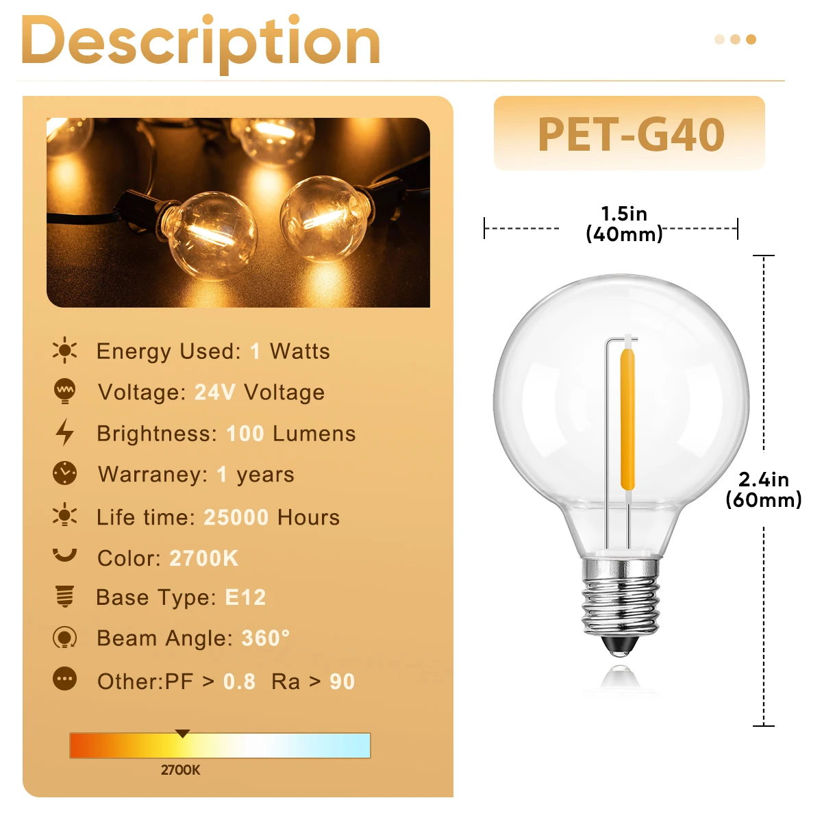 Plastics G40 Outdoor Light Output 24V String Light Waterproof Shatterproof Garland Lights Camping Garden Party Decoration Lights