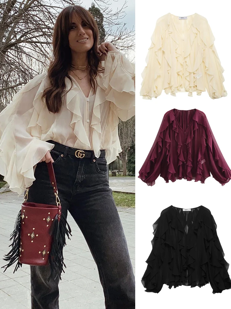 

Y2K Tierred Ruffles Semi-Transparent Women Loose Shirt 2025 Summer Long Sleeve V Neck Casual Blouse Female Top Thin