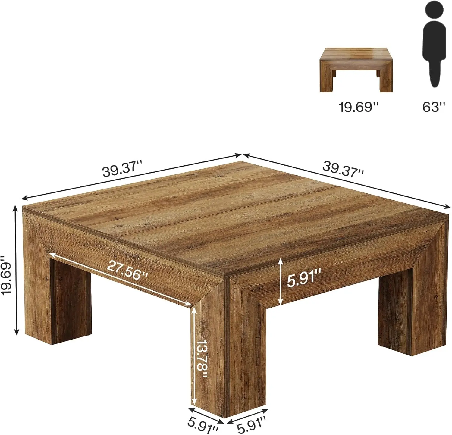 CoffeeTable Rustic Brown - Farmhouse All MDF Accent Center Cocktail Table with Sturdy Wooden Legs, Easy Assembly for Living Room