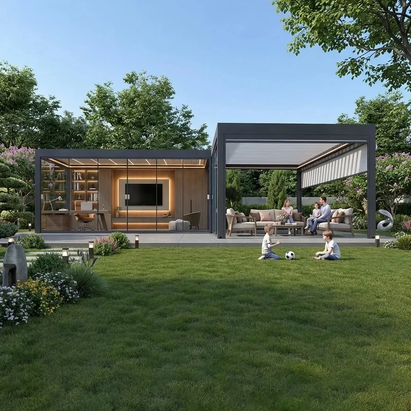 Eco Friendly Bioclimatic Pergola with Rainwater Harvesting System, Sustainable Metal Gazebo Green Building Courtyard