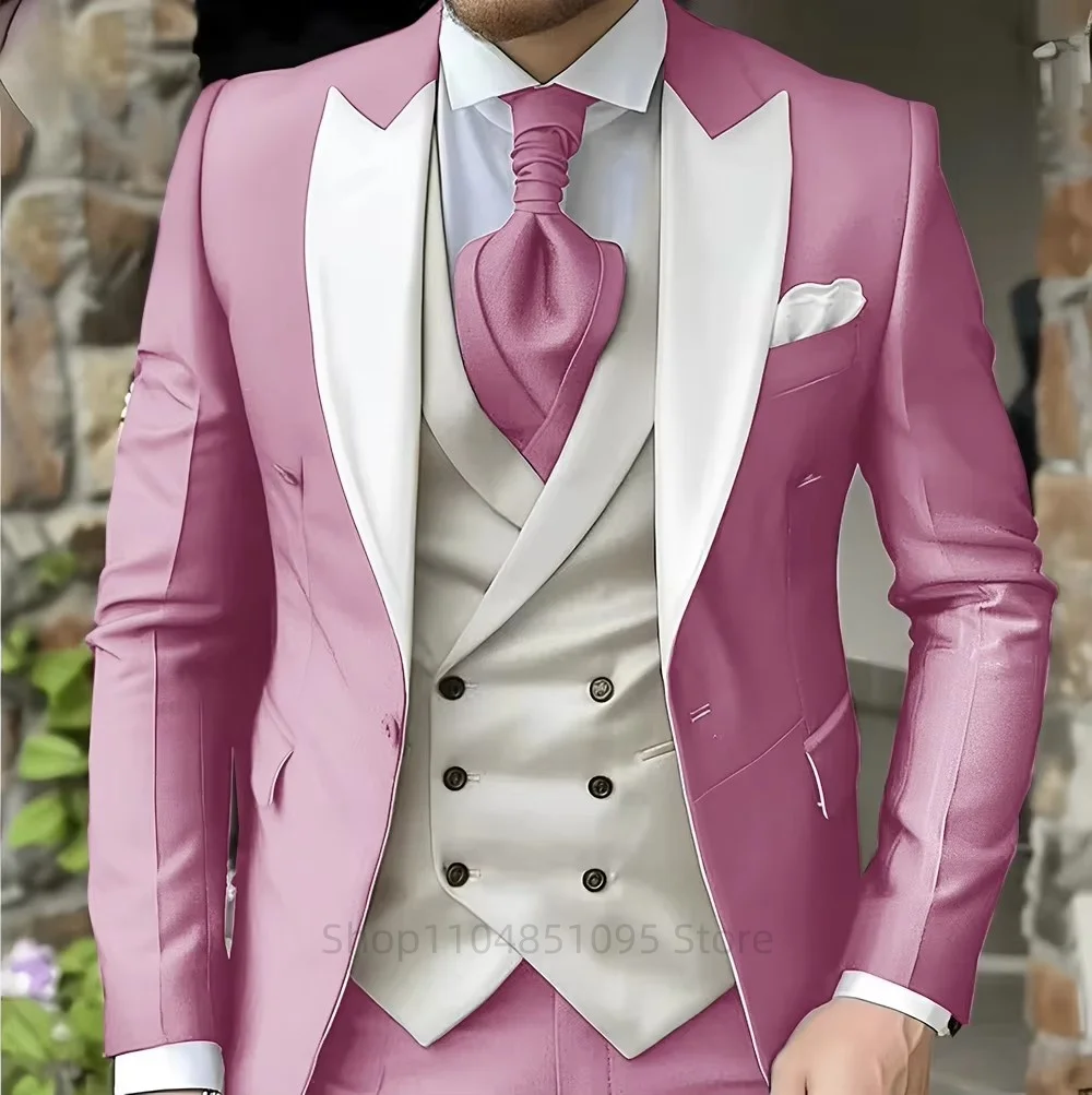 

Pink Men's Suits Elegant Peak Lapel Jacket Groom Tuxedo 3 Pieces Blazer Vest and Pants Set Formal Men's Suit for Business Prom