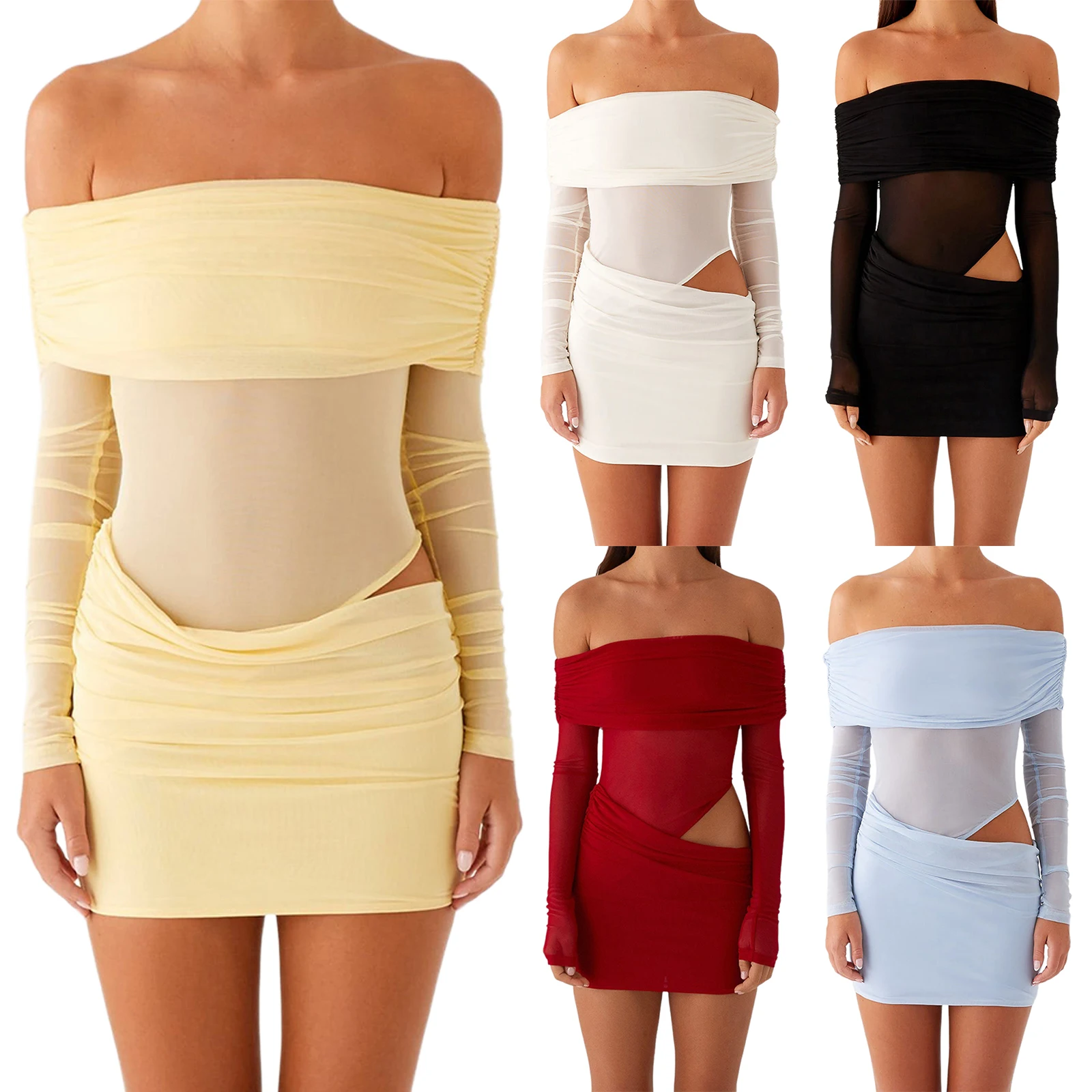 Women Sexy Off Shoulder Mini Dress Slim Ruched Solid Color Cut Out Long Sleeve Backless Hollow Mesh Bodycon Dress Party Club