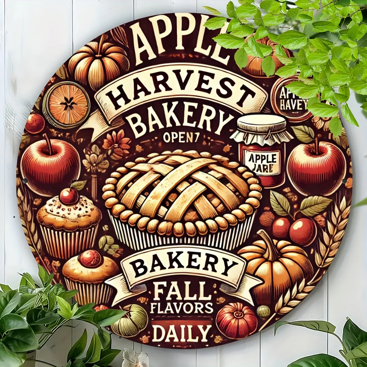 An Aluminum Sign with a Fall Theme, an 20.32X20.32 cm Round Tin Foil Engraved Plaque, Perfect for a Bakery That Is Open Daily, S
