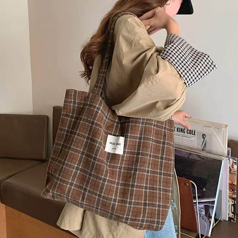 Autumn and Winter Checkered Tote Bag, Ins Laid-Back Single-Shoulder Bag, Large-Capacity Handbag, for Daily Commuting