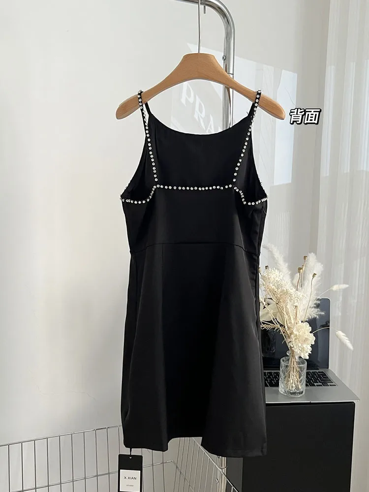 Vestido de tirantes finos con diseño de flores y diamantes para mujer, vestido negro de lujo, cuello redondo, línea A delgada, vestidos de una pieza, moda japonesa, nuevo, Verano