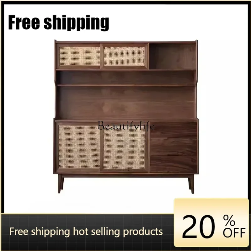 X4 *Chinese-Style Solid Wood Rattan Sideboard Cabinet Simple Wall-Mounted Storage Cabinet Black Walnut Vintage Locker