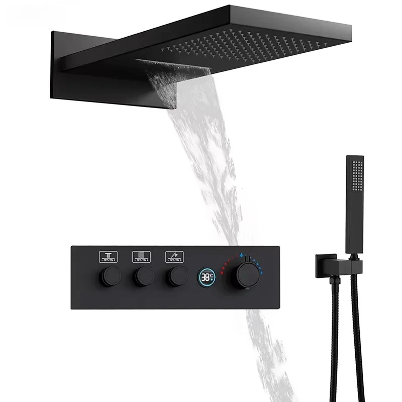 Indoor Bathroom New Model Thermostatic Concealed Wall Mount Rainfall Shower Head and Handheld System Shower Set