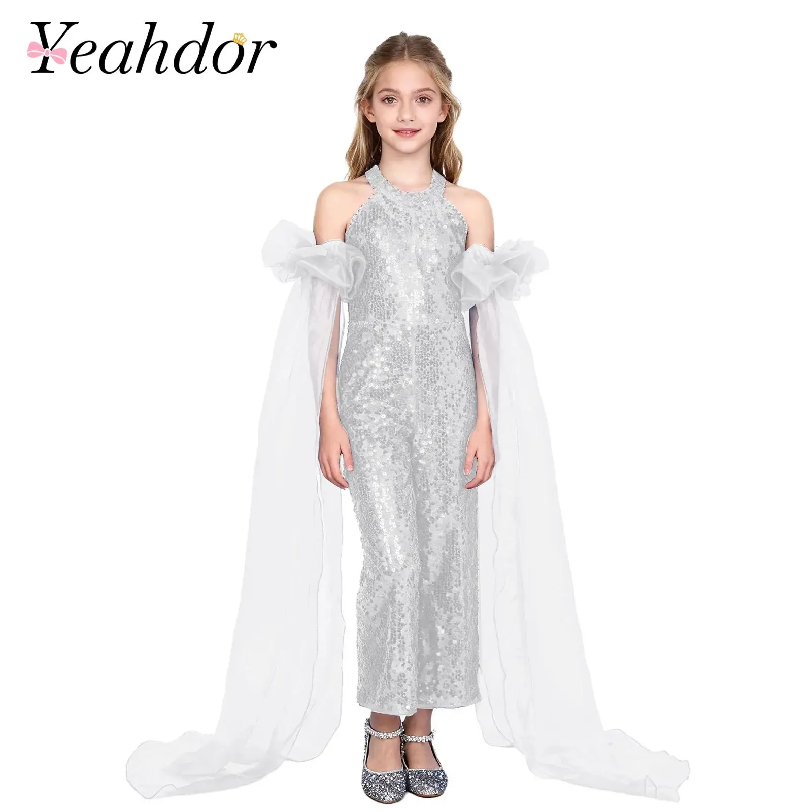 

Детские комбинезоны с бретелькой на шее для девочек, блестящие пышные комбинезоны с пайетками и пышными тюлевыми нарукавниками, детский комбинезон с широкими штанинами, вечерние платья