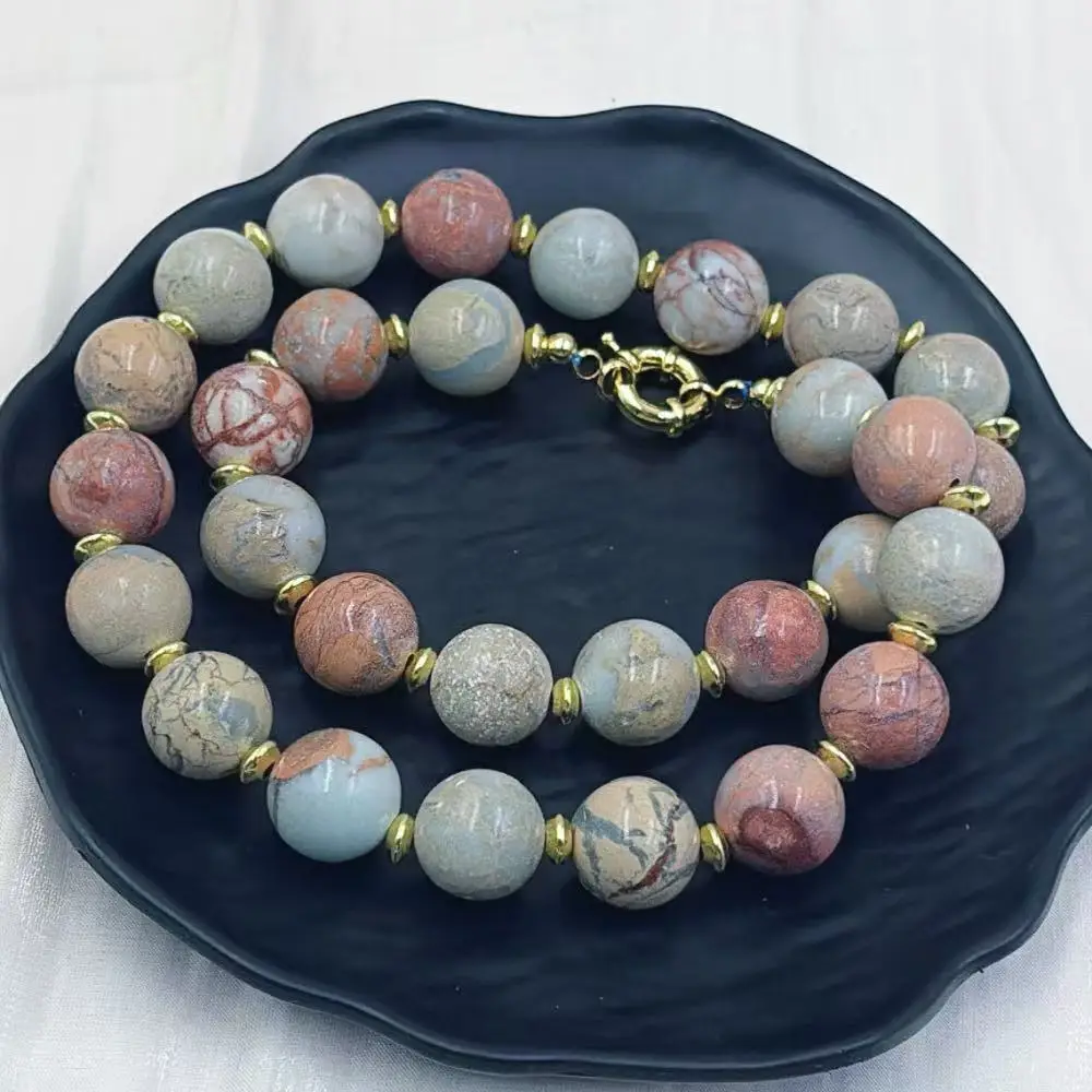 14x14mm Woman Man Unisex Round Shoushan Stone Jasper Gemstone Retro Jewelry Necklace