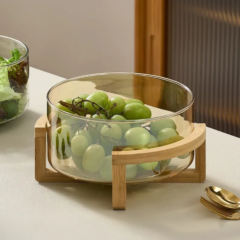 Elegant Glass Fruit Salad Bowl with Wooden Stand Light Luxury Fruit Bowl for Home Restaurant Stylish Glass Snack Tray