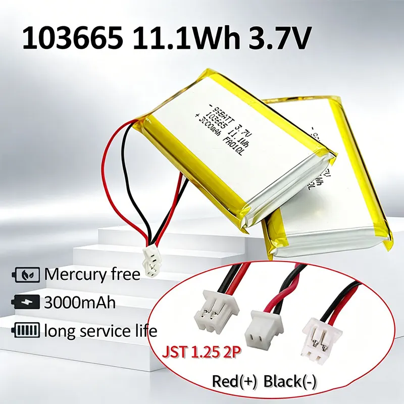 3.7V Li-Polymer Battery Jst 1.25 Plug 3000mAh 103665 Rechargeable Lithium Batteries for Smart Home Humidifier Driving Recorder