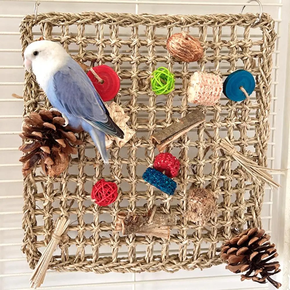 Parrot Activity Wall Toys With Colorful Chewing Toy Handmade Natural Grass Woven Mat Parrot Toys Pet Supplies Bird Accessories