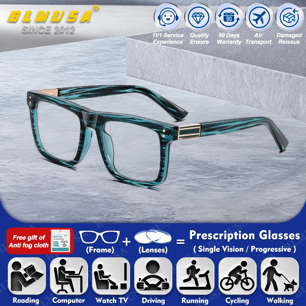 

BLMUSA (S) High Quality Minimalist Square Prescription Myopia Reading Glasses Man Anti Blue Ray Photochromic Progressive Eyeware
