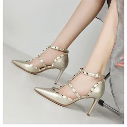 2024 Women's Gladiator Sandals Summer Casual Rivet High Heels Ankle Lacing Pointed Pumps Fashion Party Women's Wedding Shoes 41