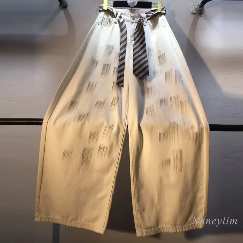Elegant 2026 Spring and Summer New Thin Tie Belt Flap Pocket Pants, Hand-painted Washed Tencel Denim Pants, White Jeans Women