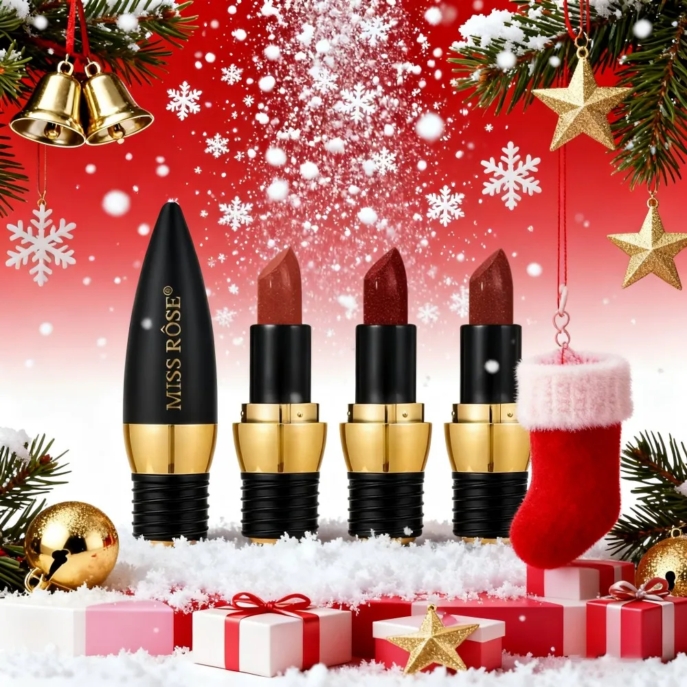 Lápiz labial de terciopelo brillante negro de 3 colores, lápiz labial de diamante mate de larga duración resistente al agua de Metal, cosméticos para mujer
