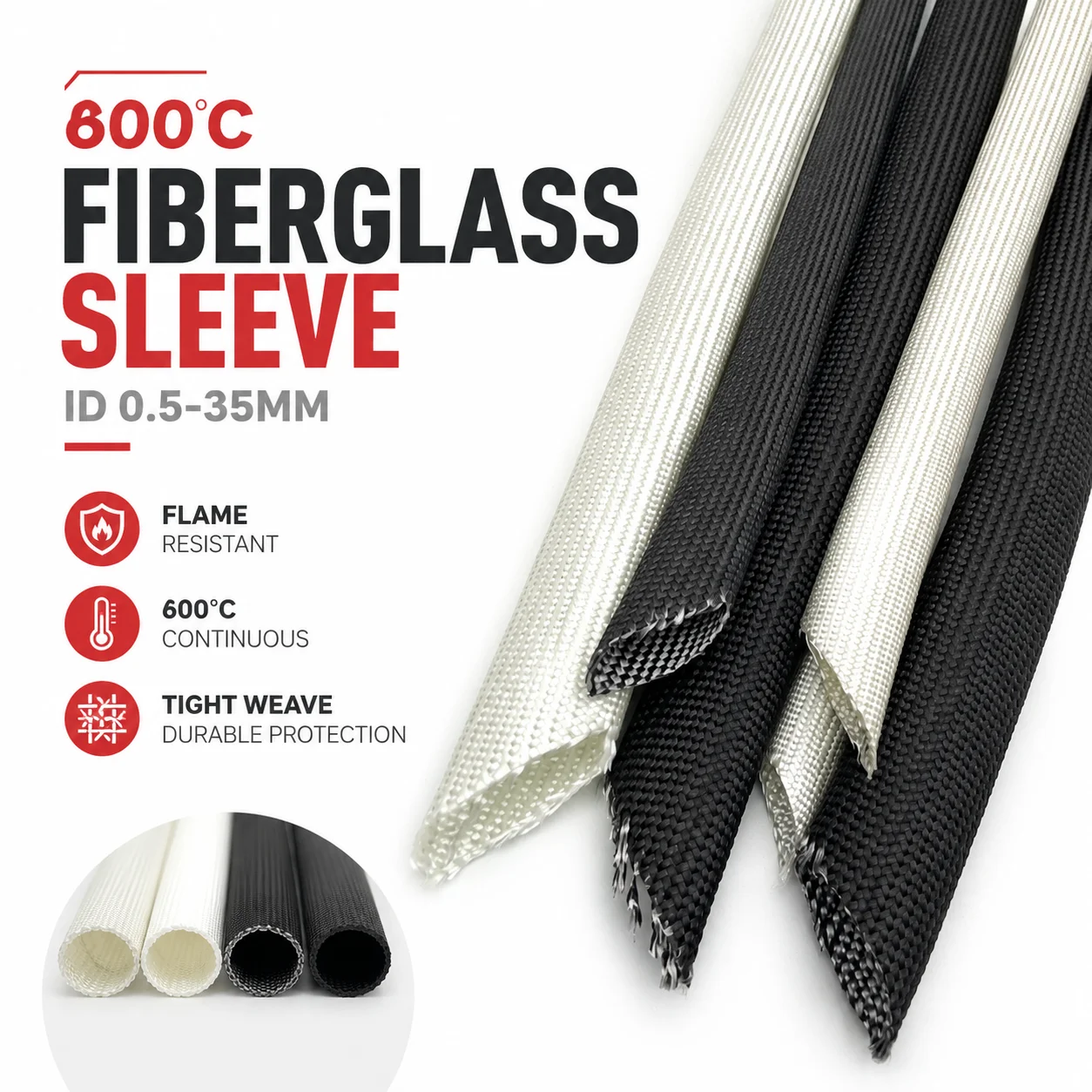 1/2/3/510M Black And White 600 Degree Fiberglass Conduit, Flexible Wear-resistant Energy Storage Equipment Harness Conduit