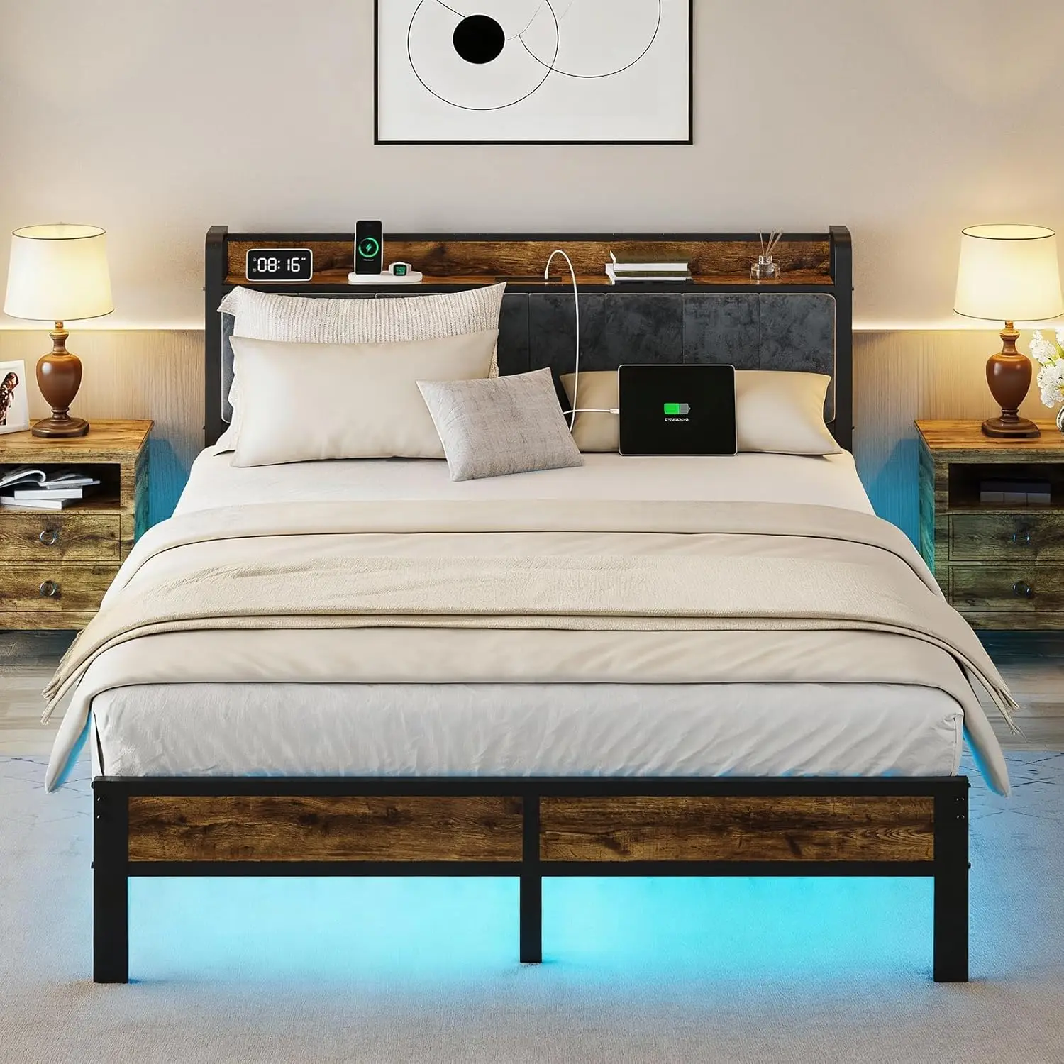 

PROTEA Queen Size Bed Frame with LED Lights and Charging Station, Upholstered Storage Headboard, Heavy Duty Metal Platform with