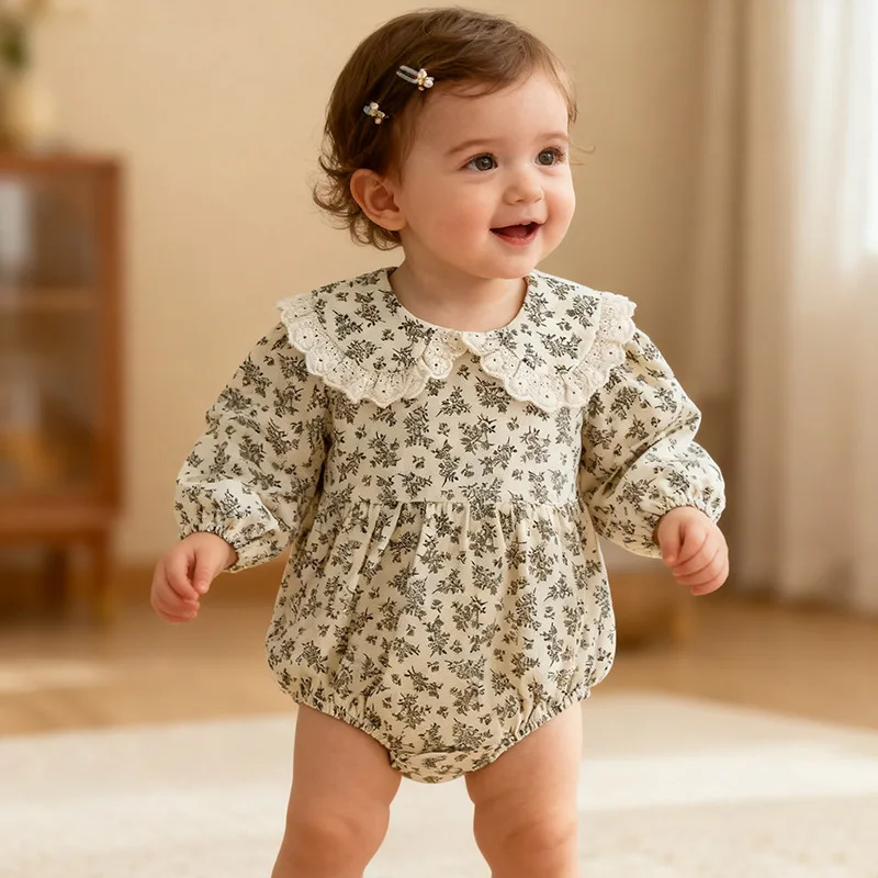 

Хлопковый комбинезон-ромпер для малышей, весна-осень, с длинным рукавом, цветочным принтом, закрывающий низ, для девочек, с воротником-стойкой, ползунки