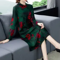 2023 Spring and Autumn Half High Neck Long Sleeve Loose Pullover Printing Midi Pullover Bottom Folk Vintage Fashion Casual Dress
