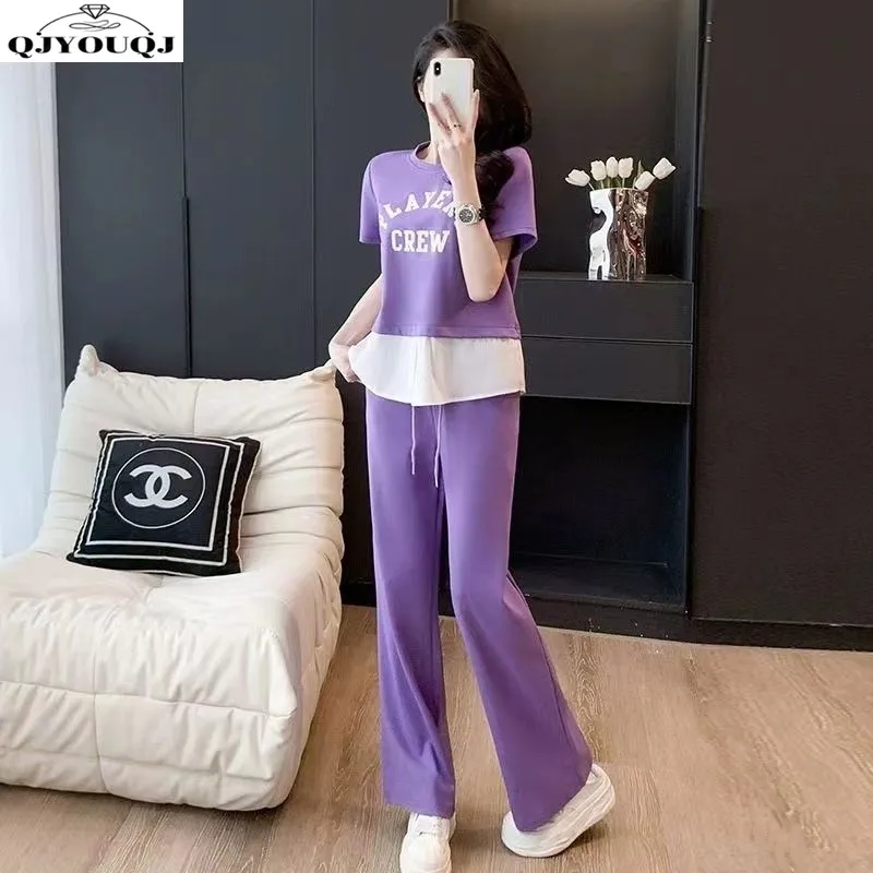 

2024 Summer New Casual Sportswear Set Fashionable Splicing Age Reducing Short Sleeve Wide Leg Pants Two Piece Set Trendy