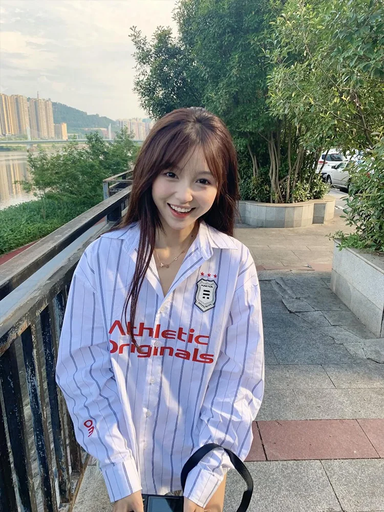 

American Retro Striped irt Women Summer Loose Lazy Sle Sun Protection Contrast Color Early Autumn Top Coat