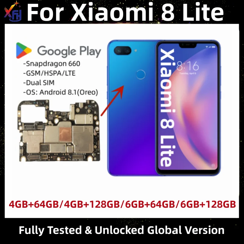 Motherboard for Xiaomi Mi 8 Lite, Mainboard, Global Version, Unlocked Main Circuits Board, Google Installed, 64GB, 128GB