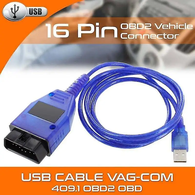 Kabel Diagnostik USB OBD2 VAG-COM KKL 409.1, Panjang 1,5m, Biru, Termasuk CD Perangkat Lunak Gratis