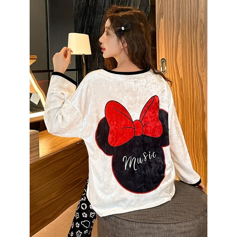 Disney Mickey Mouse Autumn Ice Silk Cardigan Loose Long Sleeve Two-piece Set Women\'s Pajamas Homewear Silk Pajamas Women\'s